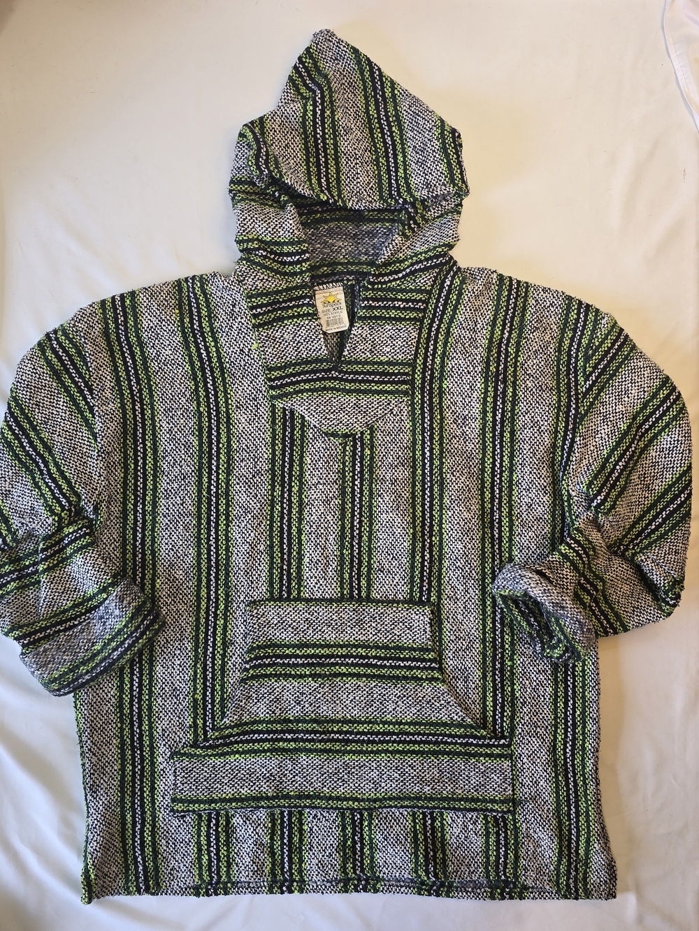 Sunspecs Men's XXL Green Black Striped Baja Hoodie Pullover Mexican Style